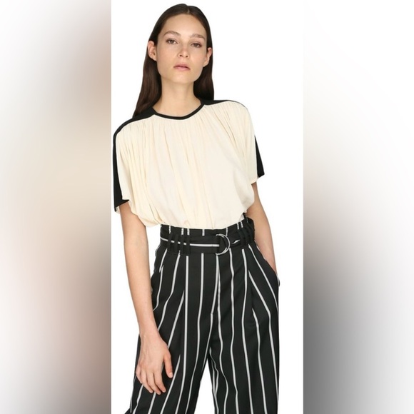 NWT PROENZA SCHOULER-Bicolor Draped Crepe Top In Ercu and Black. Size 8 - Picture 2 of 8